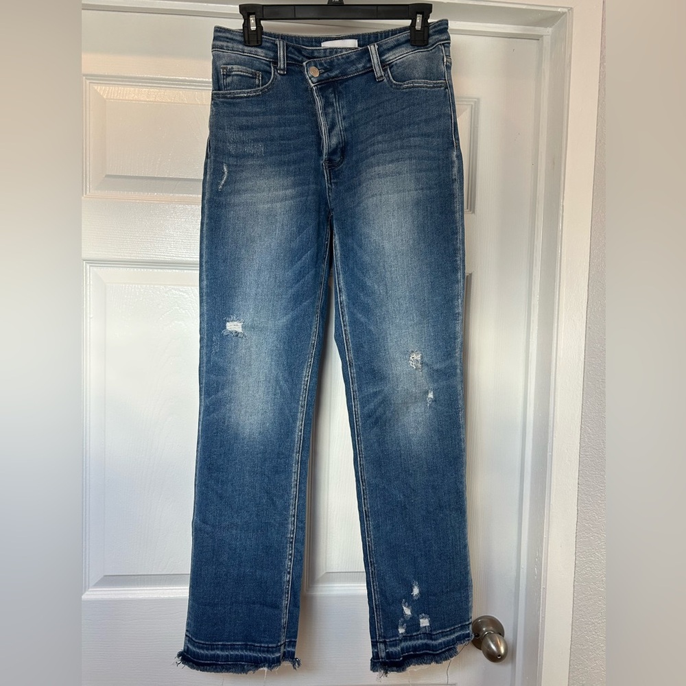 Distressed Straight Leg Blue Jeans